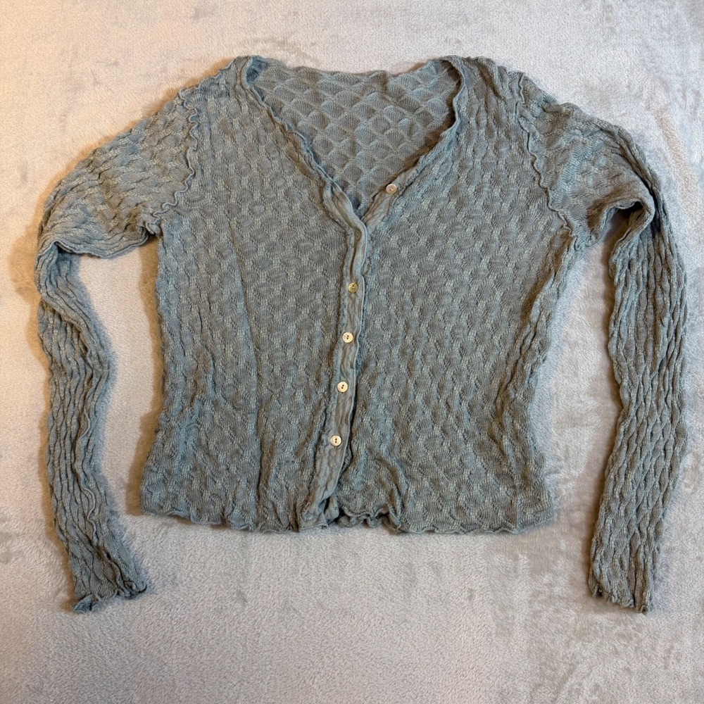 Goose Sage Green‎ Textured Diamond Popcorn Knit Button Front Cardigan Small